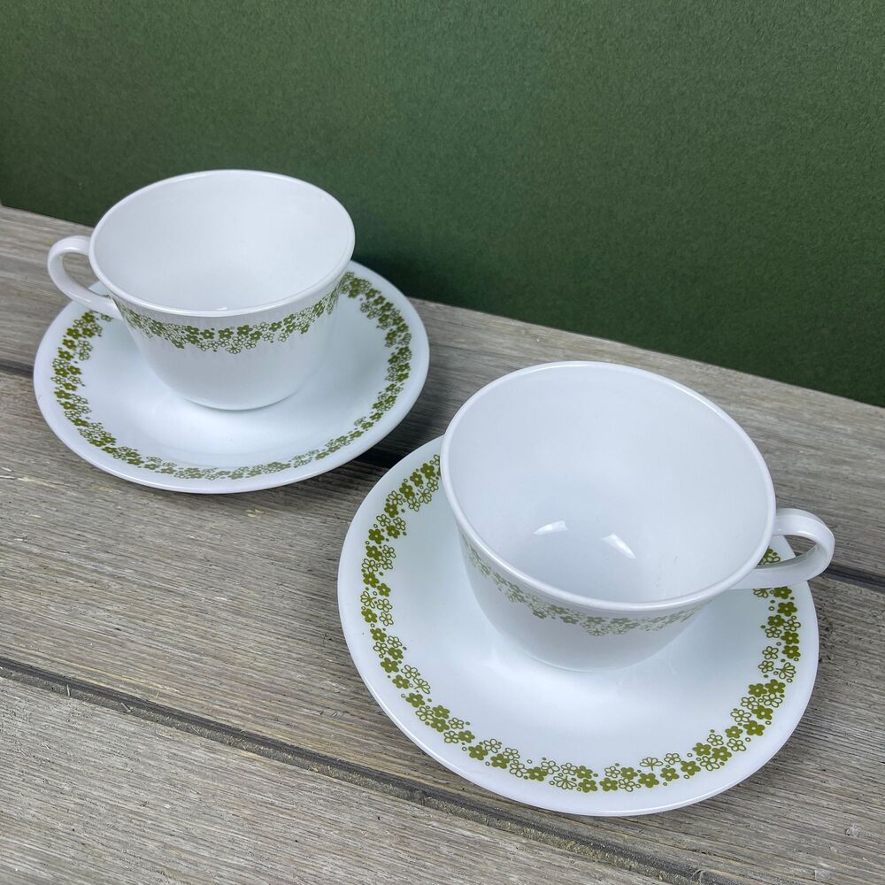 Vintage Corelle Spring Blossom Teacup And Saucer Crazy Daisy Green Flowers - Picture 4 of 8